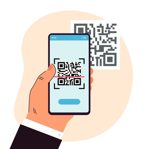 Man scanning QR-code with mobile phone. Male hand holding device directed at code. Modern technology concept for banner, website design or landing web page